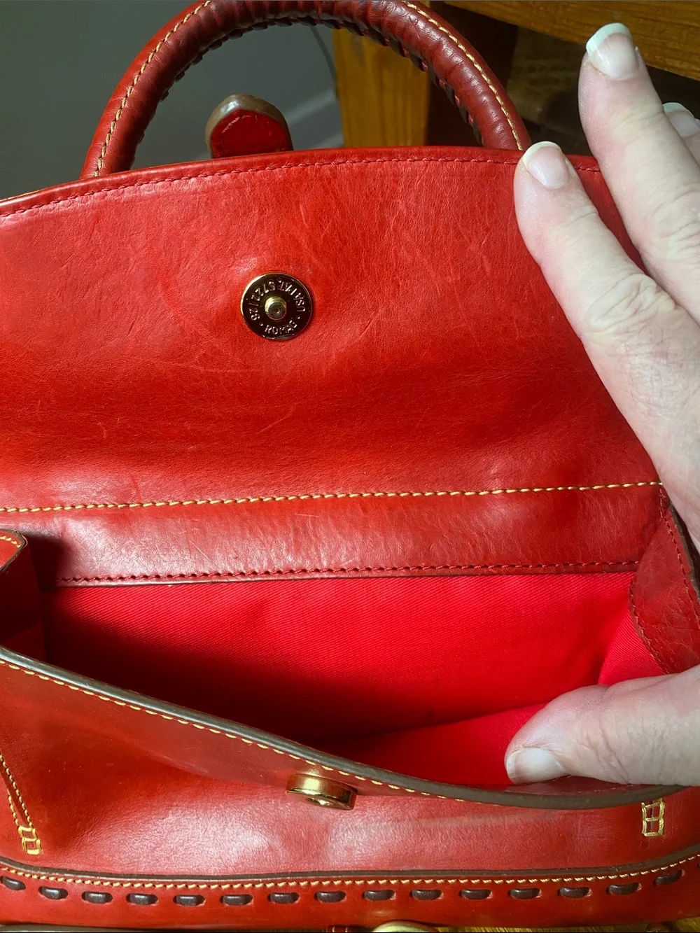 Dooney & Bourke Florentine Janine Red Leather Satchel Whip Stitching Top Handles